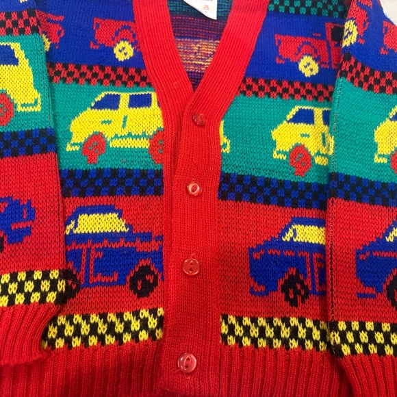 Vintage 90s Colorblock Car Truck Van Novelty Knit Cardigan Sweater Kids Size - Picture 2 of 3